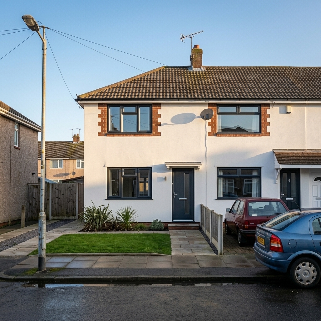 London terrace — smooth grey Monocouche render, realistic style